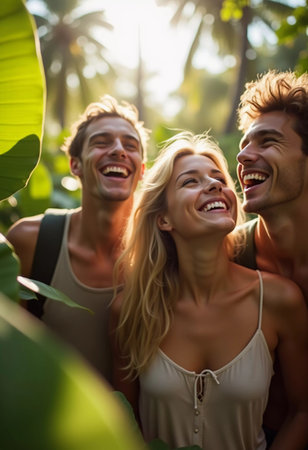 Friends celebrate summer getaway in lush tropical setting with laughter and smiles amidst vibrant greenery. Tropics are climatic zones of Earth in which Sun is at its zenith at least once year. AIの素材