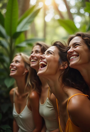 Friends celebrate summer getaway in lush tropical setting with laughter and smiles amidst vibrant greenery. Tropics are climatic zones of Earth in which Sun is at its zenith at least once year. AIの素材