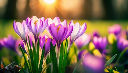 Delicate pink crocus flowers bloom in lush green grass, sunlight in serene spring setting. Nature revival. Saffron Crocus is genus of perennial bulbous herbaceous plants Iris family Iridaceae. AIの素材