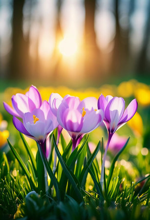 Delicate pink crocus flowers bloom in lush green grass, sunlight in serene spring setting. Nature revival. Saffron Crocus is genus of perennial bulbous herbaceous plants Iris family Iridaceae. AIの素材