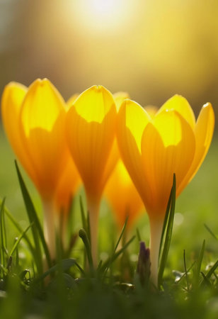 Delicate yellow crocus flowers bloom in lush green grass, sunlight in serene spring setting. Nature revival. Saffron Crocus is genus of perennial bulbous herbaceous plants Iris family Iridaceae. AIの素材