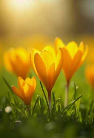 Delicate yellow crocus flowers bloom in lush green grass, sunlight in serene spring setting. Nature revival. Saffron Crocus is genus of perennial bulbous herbaceous plants Iris family Iridaceae. AIの素材