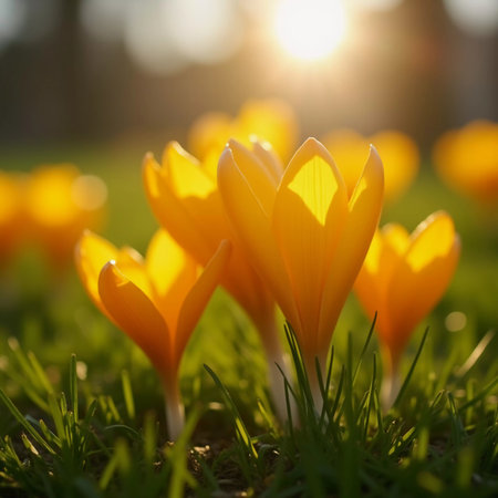 Delicate yellow crocus flowers bloom in lush green grass, sunlight in serene spring setting. Nature revival. Saffron Crocus is genus of perennial bulbous herbaceous plants Iris family Iridaceae. AIの素材