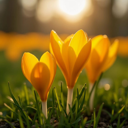 Delicate yellow crocus flowers bloom in lush green grass, sunlight in serene spring setting. Nature revival. Saffron Crocus is genus of perennial bulbous herbaceous plants Iris family Iridaceae. AIの素材