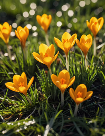 Delicate yellow crocus flowers bloom in lush green grass, sunlight in serene spring setting. Nature revival. Saffron Crocus is genus of perennial bulbous herbaceous plants Iris family Iridaceae. AIの素材