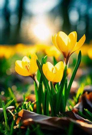 Delicate yellow crocus flowers bloom in lush green grass, sunlight in serene spring setting. Nature revival. Saffron Crocus is genus of perennial bulbous herbaceous plants Iris family Iridaceae. AIの素材