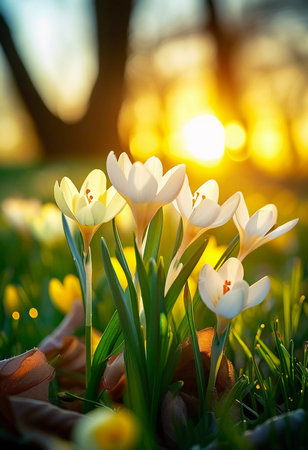 Delicate yellow crocus flowers bloom in lush green grass, sunlight in serene spring setting. Nature revival. Saffron Crocus is genus of perennial bulbous herbaceous plants Iris family Iridaceae. AIの素材