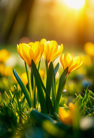 Delicate yellow crocus flowers bloom in lush green grass, sunlight in serene spring setting. Nature revival. Saffron Crocus is genus of perennial bulbous herbaceous plants Iris family Iridaceae. AIの素材