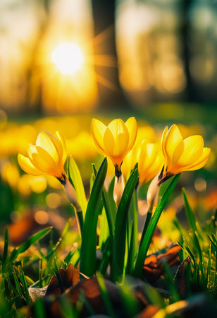 Delicate yellow crocus flowers bloom in lush green grass, sunlight in serene spring setting. Nature revival. Saffron Crocus is genus of perennial bulbous herbaceous plants Iris family Iridaceae. AIの素材