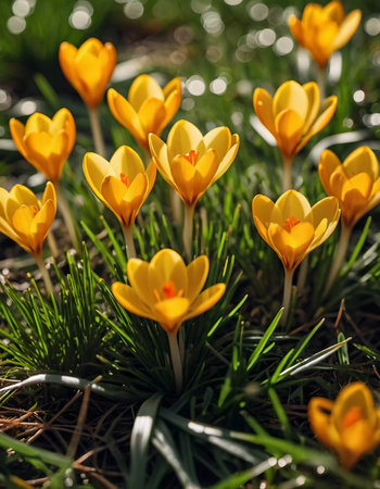 Delicate yellow crocus flowers bloom in lush green grass, sunlight in serene spring setting. Nature revival. Saffron Crocus is genus of perennial bulbous herbaceous plants Iris family Iridaceae. AIの素材