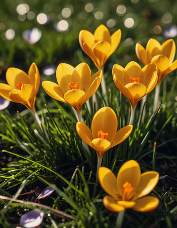 Delicate yellow crocus flowers bloom in lush green grass, sunlight in serene spring setting. Nature revival. Saffron Crocus is genus of perennial bulbous herbaceous plants Iris family Iridaceae. AIの素材