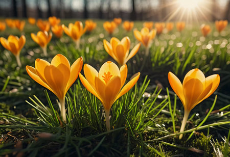 Delicate yellow crocus flowers bloom in lush green grass, sunlight in serene spring setting. Nature revival. Saffron Crocus is genus of perennial bulbous herbaceous plants Iris family Iridaceae. AIの素材
