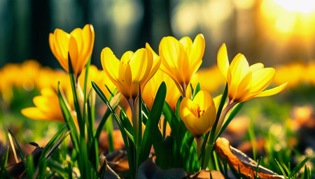 Delicate yellow crocus flowers bloom in lush green grass, sunlight in serene spring setting. Nature revival. Saffron Crocus is genus of perennial bulbous herbaceous plants Iris family Iridaceae. AIの素材