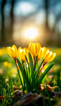 Delicate yellow crocus flowers bloom in lush green grass, sunlight in serene spring setting. Nature revival. Saffron Crocus is genus of perennial bulbous herbaceous plants Iris family Iridaceae. AIの素材