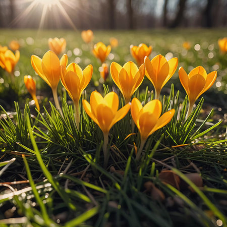 Delicate yellow crocus flowers bloom in lush green grass, sunlight in serene spring setting. Nature revival. Saffron Crocus is genus of perennial bulbous herbaceous plants Iris family Iridaceae. AIの素材