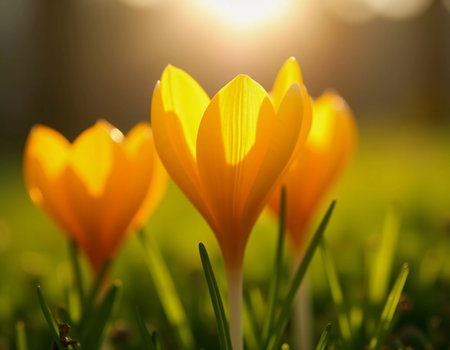Delicate yellow crocus flowers bloom in lush green grass, sunlight in serene spring setting. Nature revival. Saffron Crocus is genus of perennial bulbous herbaceous plants Iris family Iridaceae. AIの素材