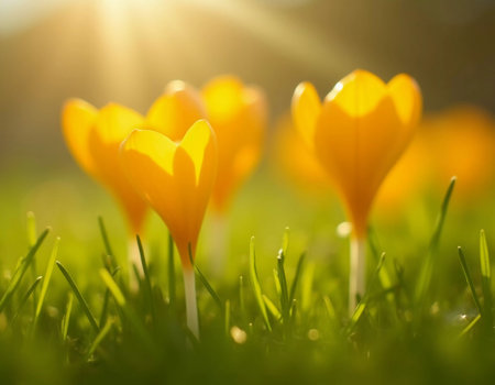 Delicate yellow crocus flowers bloom in lush green grass, sunlight in serene spring setting. Nature revival. Saffron Crocus is genus of perennial bulbous herbaceous plants Iris family Iridaceae. AIの素材