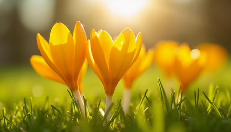 Delicate yellow crocus flowers bloom in lush green grass, sunlight in serene spring setting. Nature revival. Saffron Crocus is genus of perennial bulbous herbaceous plants Iris family Iridaceae. AIの素材