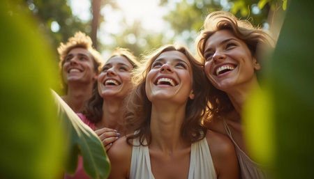 Friends celebrate summer getaway in lush tropical setting with laughter and smiles amidst vibrant greenery. Tropics are climatic zones of Earth in which Sun is at its zenith at least once year. AIの素材