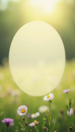 A beautiful meadow features a variety of wildflowers in bloom, showcasing different colors and shapes. The atmosphere is bright and serene, inviting tranquility. Copy space for text. Generative AI.の素材