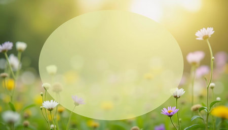A beautiful meadow features a variety of wildflowers in bloom, showcasing different colors and shapes. The atmosphere is bright and serene, inviting tranquility. Copy space for text. Generative AI.の素材