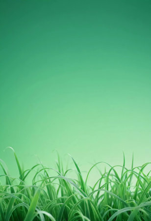 A vibrant pastel gradient background showcases a lush patch of grass beneath a serene green sky, ideal for conveying tranquility and freshness. Generative AIの素材