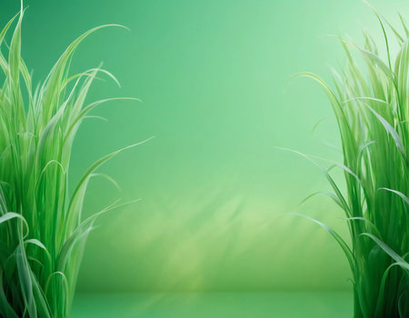 Colorful plants with vibrant green grass rise against a calming pastel gradient background, creating a serene and refreshing natural atmosphere. Generative AI.の素材