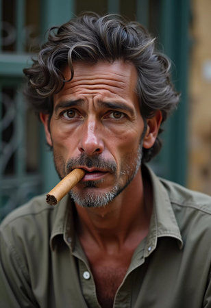 A young man from Cuba confidently smokes a cigar, embodying the rich cultural heritage of the region. His relaxed expression reflects the laid-back lifestyle typical of the area. Generative AI.の素材