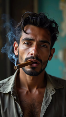 A young man from Cuba confidently smokes a cigar, embodying the rich cultural heritage of the region. His relaxed expression reflects the laid-back lifestyle typical of the area. Generative AI.の素材