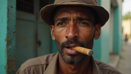 A young man from Cuba confidently smokes a cigar, embodying the rich cultural heritage of the region. His relaxed expression reflects the laid-back lifestyle typical of the area. Generative AI.の素材