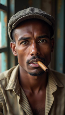 A young man from Cuba confidently smokes a cigar, embodying the rich cultural heritage of the region. His relaxed expression reflects the laid-back lifestyle typical of the area. Generative AI.の素材