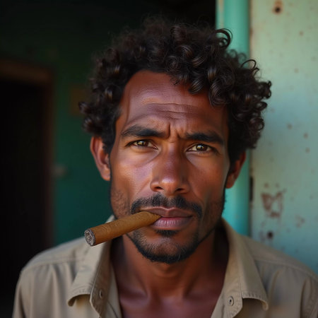 A young man from Cuba confidently smokes a cigar, embodying the rich cultural heritage of the region. His relaxed expression reflects the laid-back lifestyle typical of the area. Generative AI.の素材
