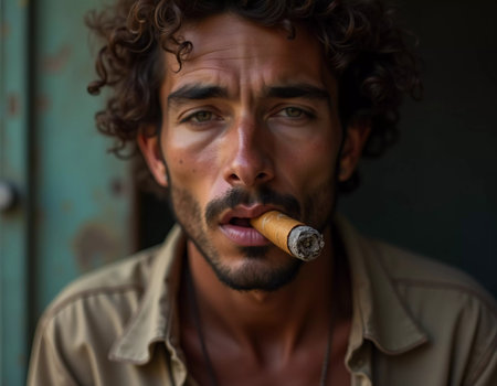 A young man from Cuba confidently smokes a cigar, embodying the rich cultural heritage of the region. His relaxed expression reflects the laid-back lifestyle typical of the area. Generative AI.の素材