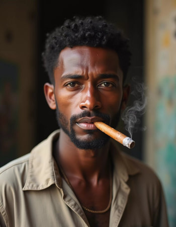 A young man from Cuba confidently smokes a cigar, embodying the rich cultural heritage of the region. His relaxed expression reflects the laid-back lifestyle typical of the area. Generative AI.の素材