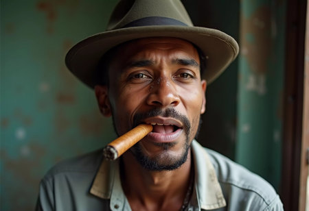 A young man from Cuba confidently smokes a cigar, embodying the rich cultural heritage of the region. His relaxed expression reflects the laid-back lifestyle typical of the area. Generative AI.の素材