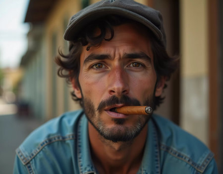 A young man from Cuba confidently smokes a cigar, embodying the rich cultural heritage of the region. His relaxed expression reflects the laid-back lifestyle typical of the area. Generative AI.の素材