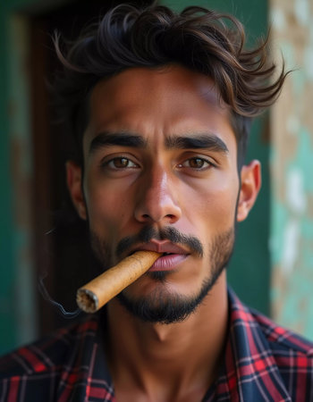 A young man from Cuba confidently smokes a cigar, embodying the rich cultural heritage of the region. His relaxed expression reflects the laid-back lifestyle typical of the area. Generative AI.の素材