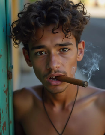 A young man from Cuba confidently smokes a cigar, embodying the rich cultural heritage of the region. His relaxed expression reflects the laid-back lifestyle typical of the area. Generative AI.の素材