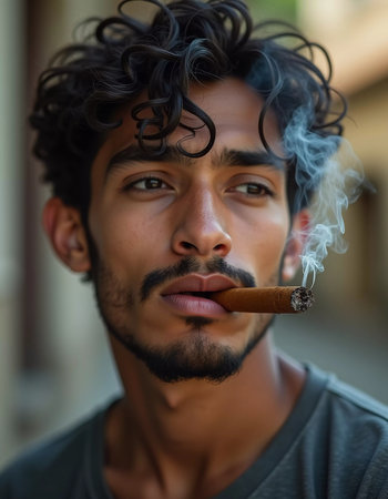 A young man from Cuba confidently smokes a cigar, embodying the rich cultural heritage of the region. His relaxed expression reflects the laid-back lifestyle typical of the area. Generative AI.の素材