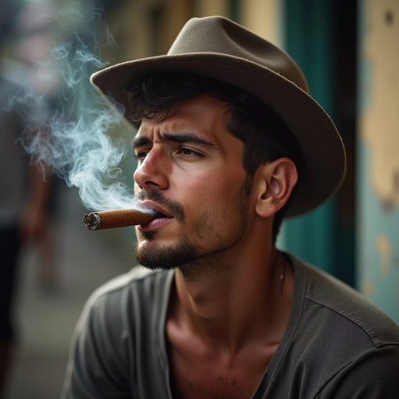A young man from Cuba confidently smokes a cigar, embodying the rich cultural heritage of the region. His relaxed expression reflects the laid-back lifestyle typical of the area. Generative AI.の素材