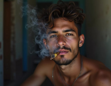 A young man from Cuba confidently smokes a cigar, embodying the rich cultural heritage of the region. His relaxed expression reflects the laid-back lifestyle typical of the area. Generative AI.の素材