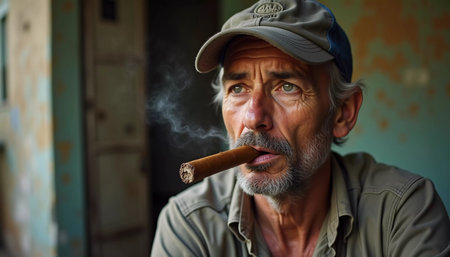 An elderly man with gray hair and a bushy beard smiles broadly while holding a cigar between his teeth. He relaxes in his neighborhood in Cuba, embracing the moment. Generative AI.の素材