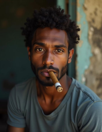 A young man residing in Cuba smokes a cigar while looking directly at the viewer, showcasing a unique hairstyle and a calm demeanor in a vibrant environment. Generative AI.の素材