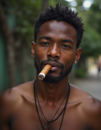 A young man residing in Cuba smokes a cigar while looking directly at the viewer, showcasing a unique hairstyle and a calm demeanor in a vibrant environment. Generative AI.の素材