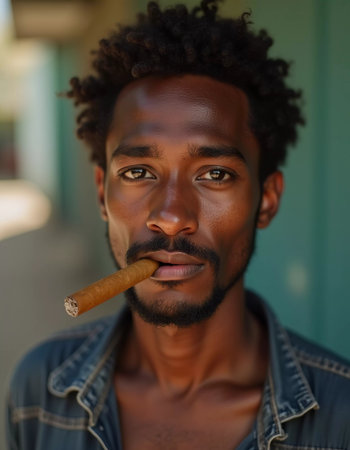 A young man residing in Cuba smokes a cigar while looking directly at the viewer, showcasing a unique hairstyle and a calm demeanor in a vibrant environment. Generative AI.の素材