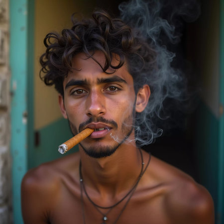 A young man residing in Cuba smokes a cigar while looking directly at the viewer, showcasing a unique hairstyle and a calm demeanor in a vibrant environment. Generative AI.の素材