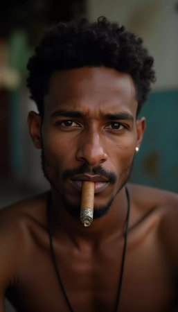 A young man residing in Cuba smokes a cigar while looking directly at the viewer, showcasing a unique hairstyle and a calm demeanor in a vibrant environment. Generative AI.の素材