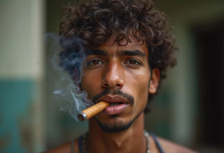 A young man residing in Cuba smokes a cigar while looking directly at the viewer, showcasing a unique hairstyle and a calm demeanor in a vibrant environment. Generative AI.の素材