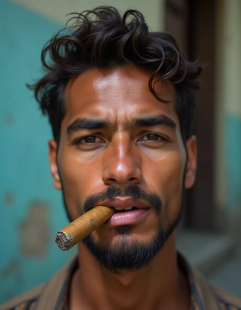 A young man residing in Cuba smokes a cigar while looking directly at the viewer, showcasing a unique hairstyle and a calm demeanor in a vibrant environment. Generative AI.の素材