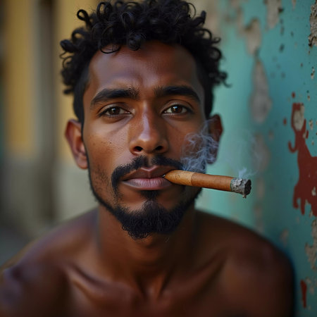 A young man residing in Cuba smokes a cigar while looking directly at the viewer, showcasing a unique hairstyle and a calm demeanor in a vibrant environment. Generative AI.の素材